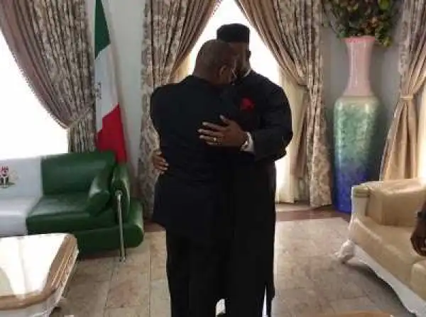 See Photos Of Sen Akpabio Consoling Akwa Ibom Gov Over Church Building Collapse...